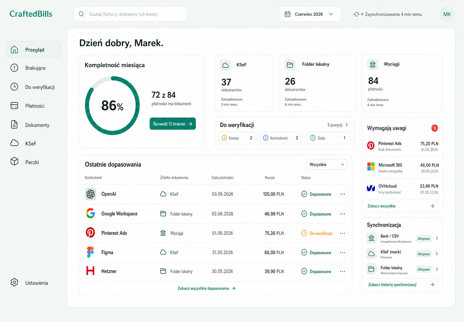 Dashboard CraftedBills z wynikiem 86% kompletności i listą dopasowanych dokumentów